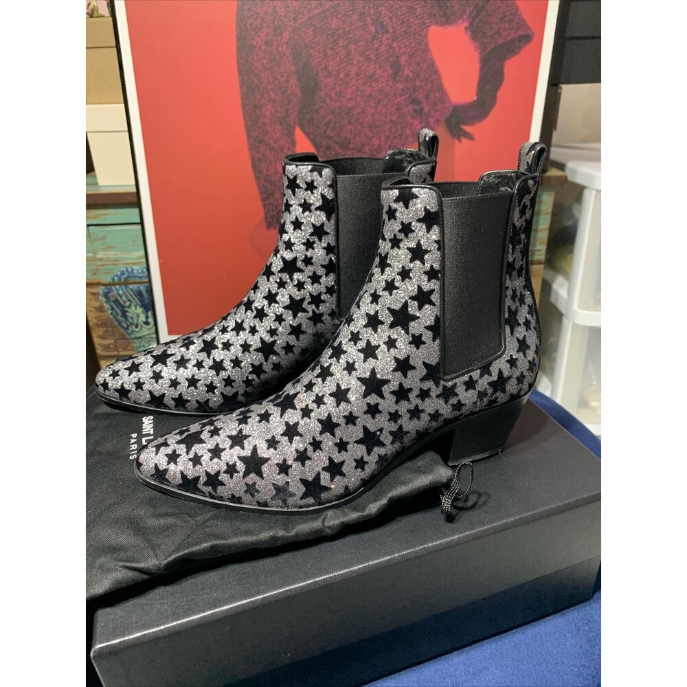Saint Laurent Women Black Silver Glitter Suede Stars Ankle Cowboy EU 38